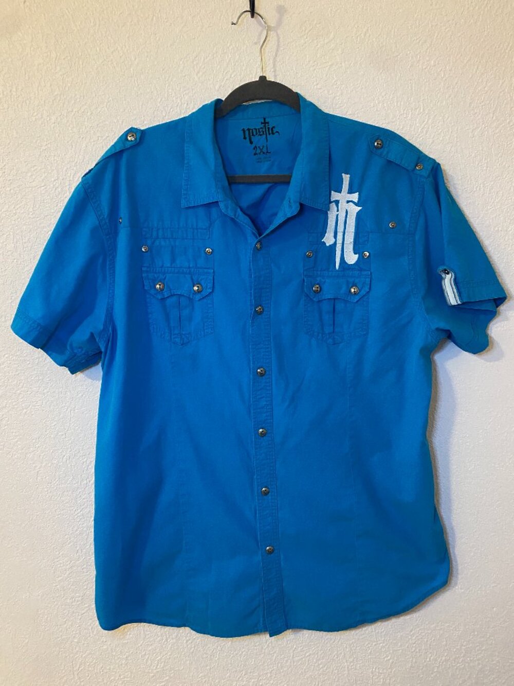 Nostic Mens 2XL Blue Snap Button Shirt Gothic Cross Embroidered Stand Alone
